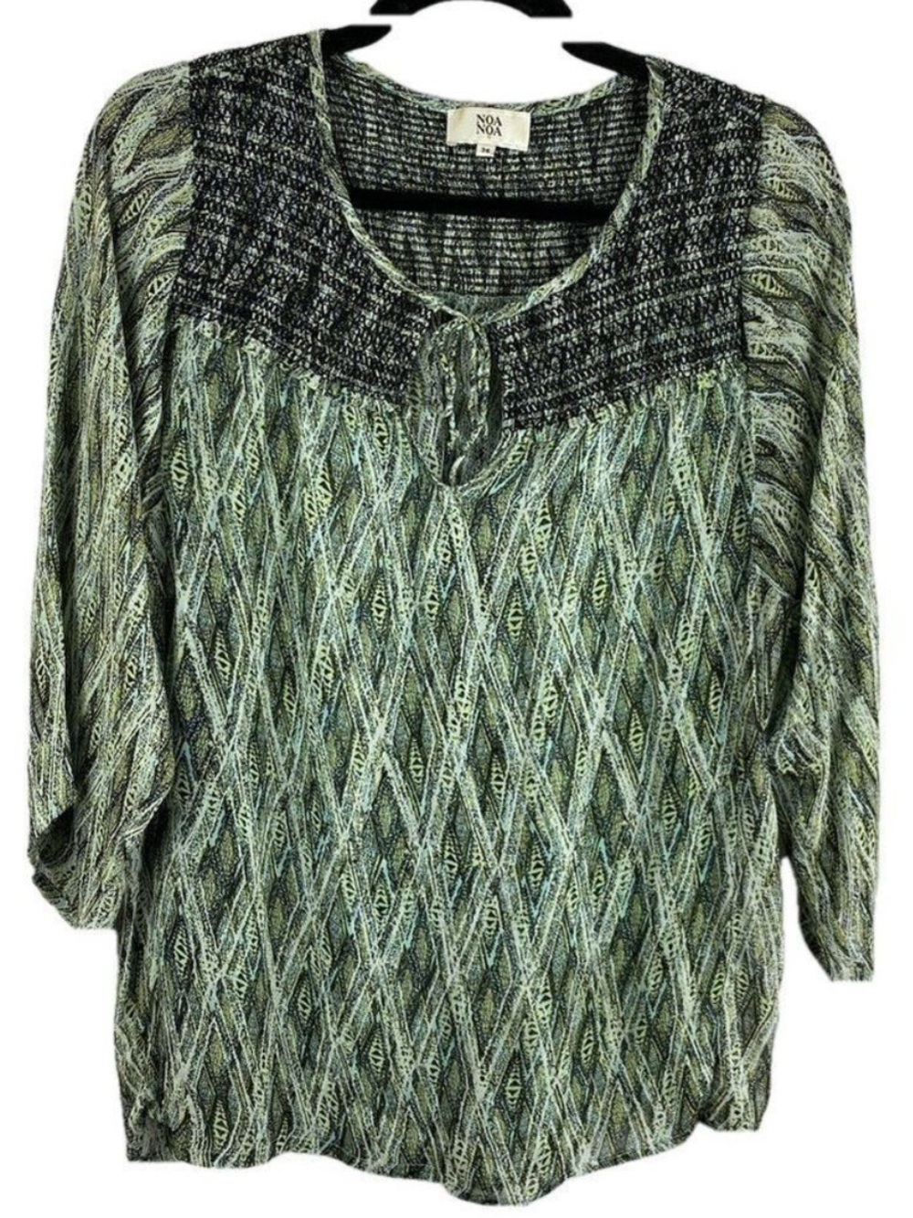 ✨3/$21✨Noa Noa Boho Peasant Blouse Green Patterned 3/4 Sleeve Size 36 Small